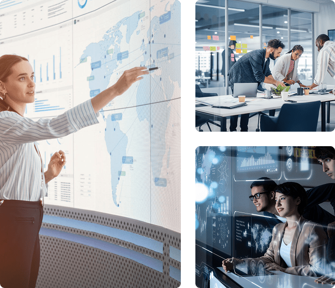 Team analyzing data on a digital screen in a modern office.