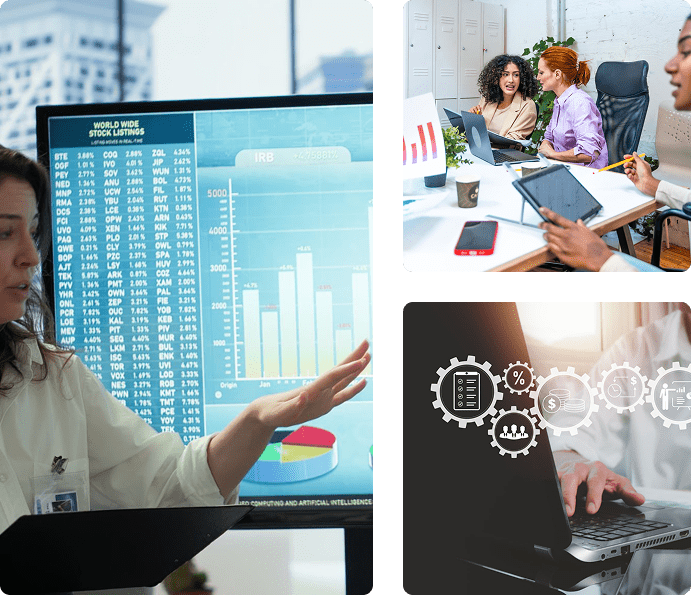 Business professionals analyzing financial and operational data on digital screens.