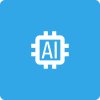 White AI chip icon on a blue background.