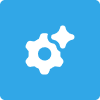 Blue icon with a white gear and sparkles symbol.