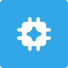 Blue icon with a white microchip and a star inside it.