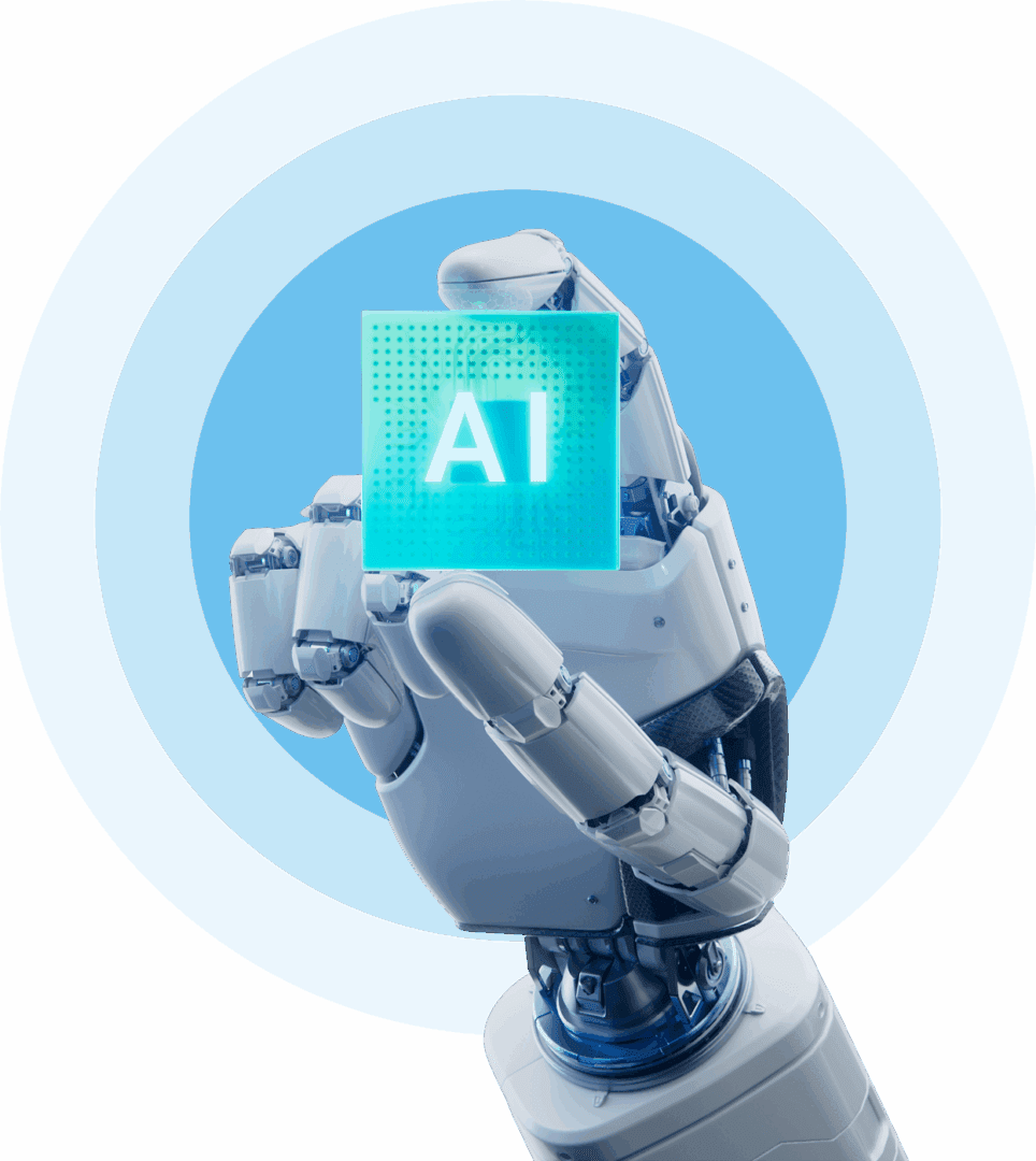 A robotic hand holding a glowing AI cube against a blue background.