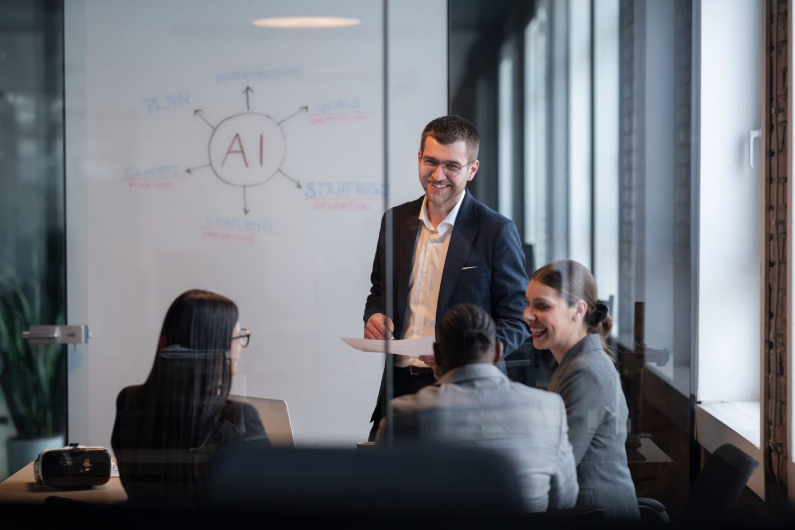 Business team discussing AI strategy in a modern office.