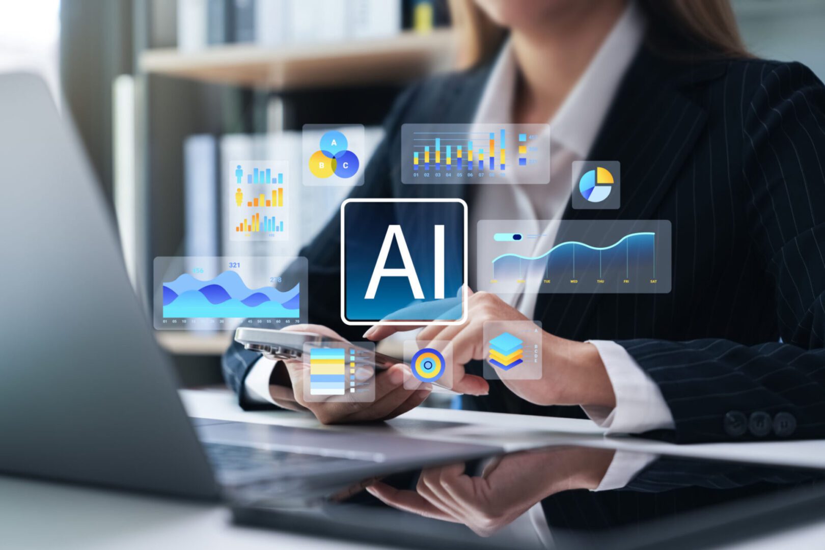 Businesswoman using AI technology with digital interface icons.
