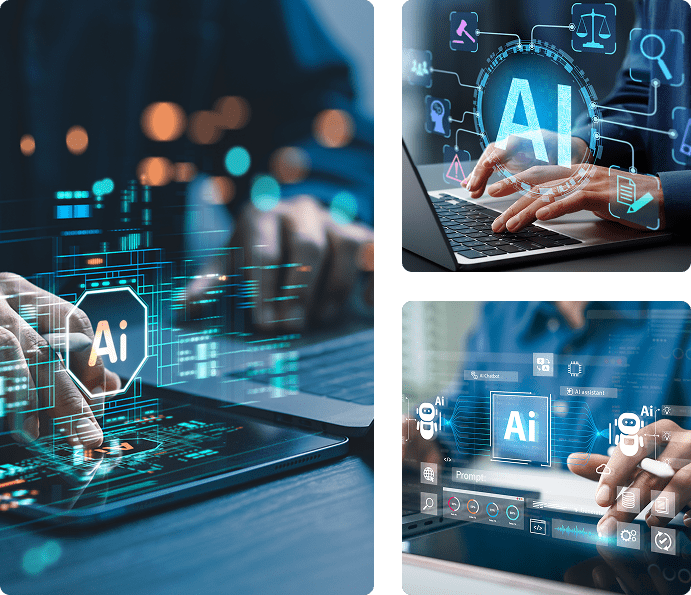 Hands interacting with digital AI interfaces on tablets and laptops.