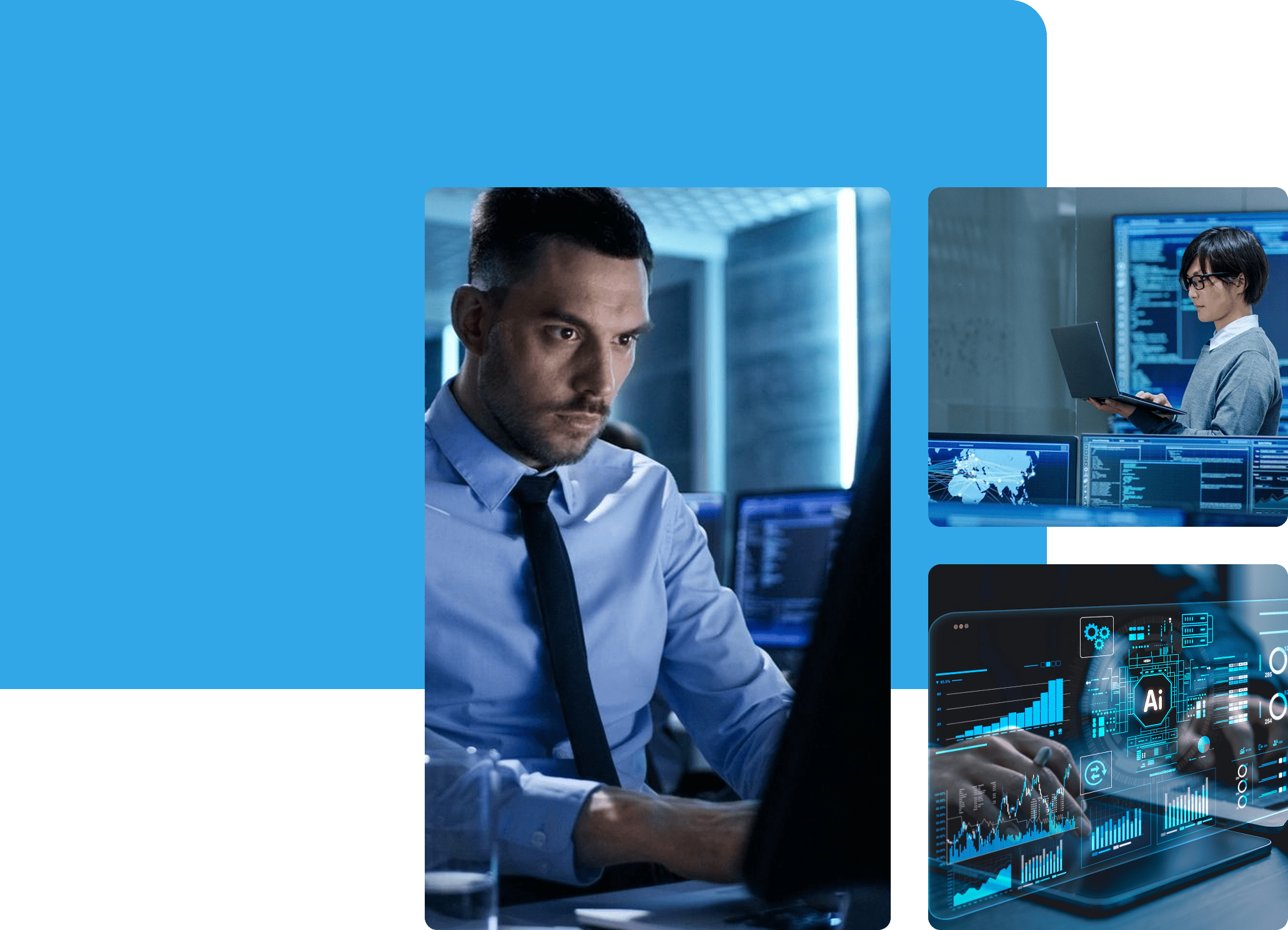 Man analyzing data on computer screens in a modern office.